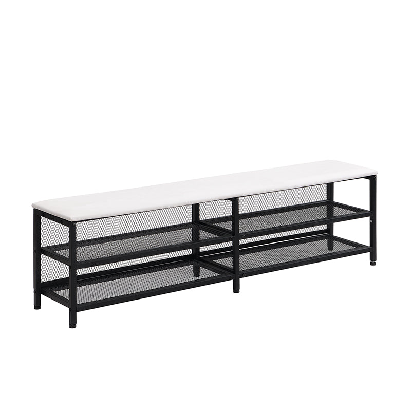 Black metal bench with white cushioned top and three shelves