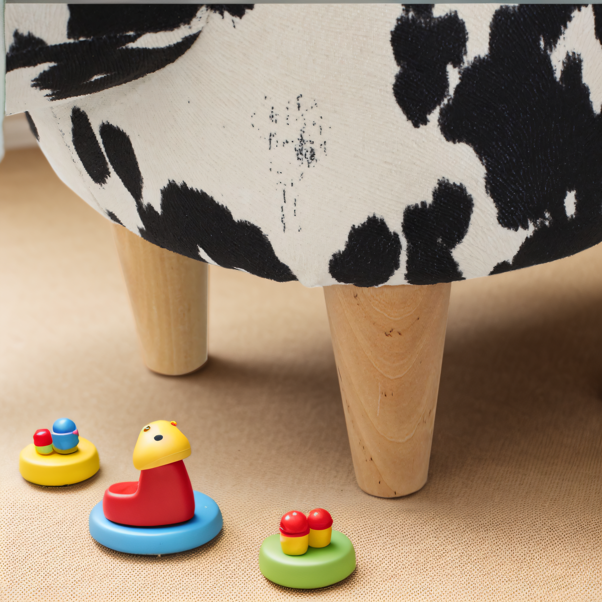 Wooden stool with cow print fabric and playful toddler toys on floor
