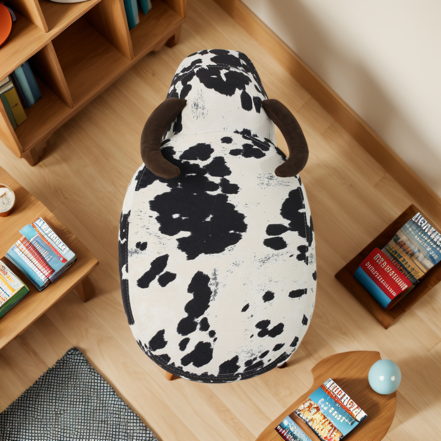 Cow print ottoman with brown felt horns