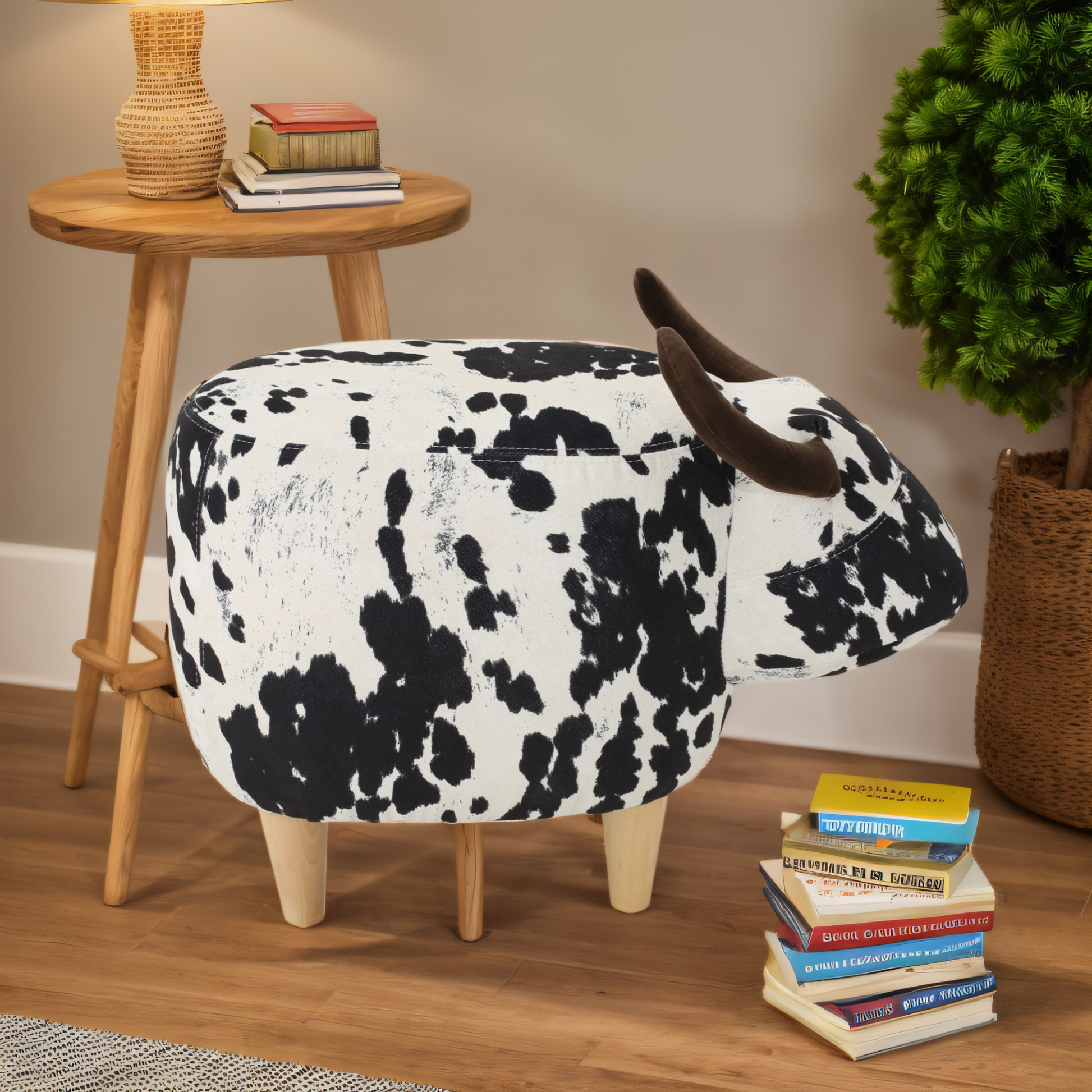 Black and white cow print storage ottoman with brown horns