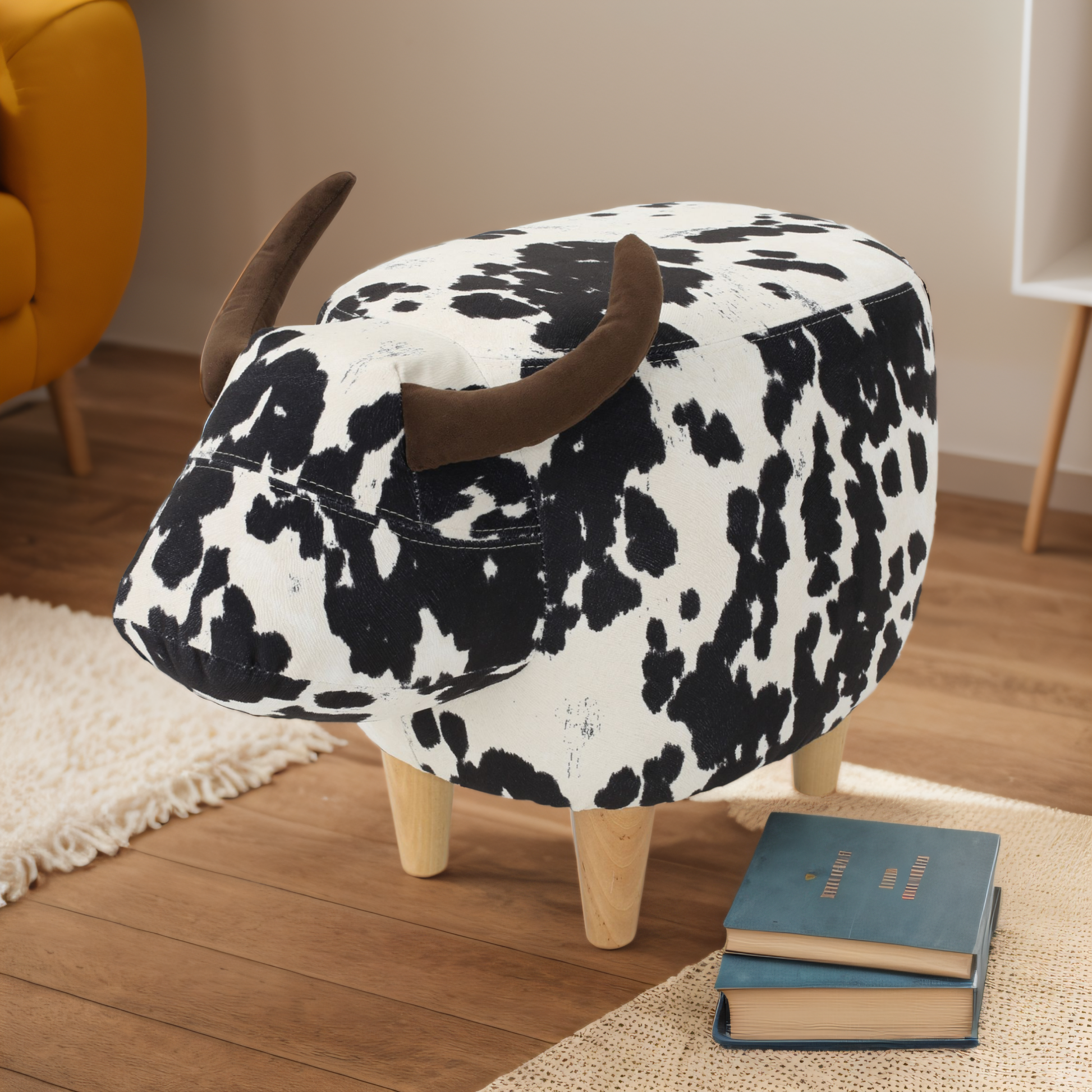 Black and white cow print ottoman with brown horns and wooden legs