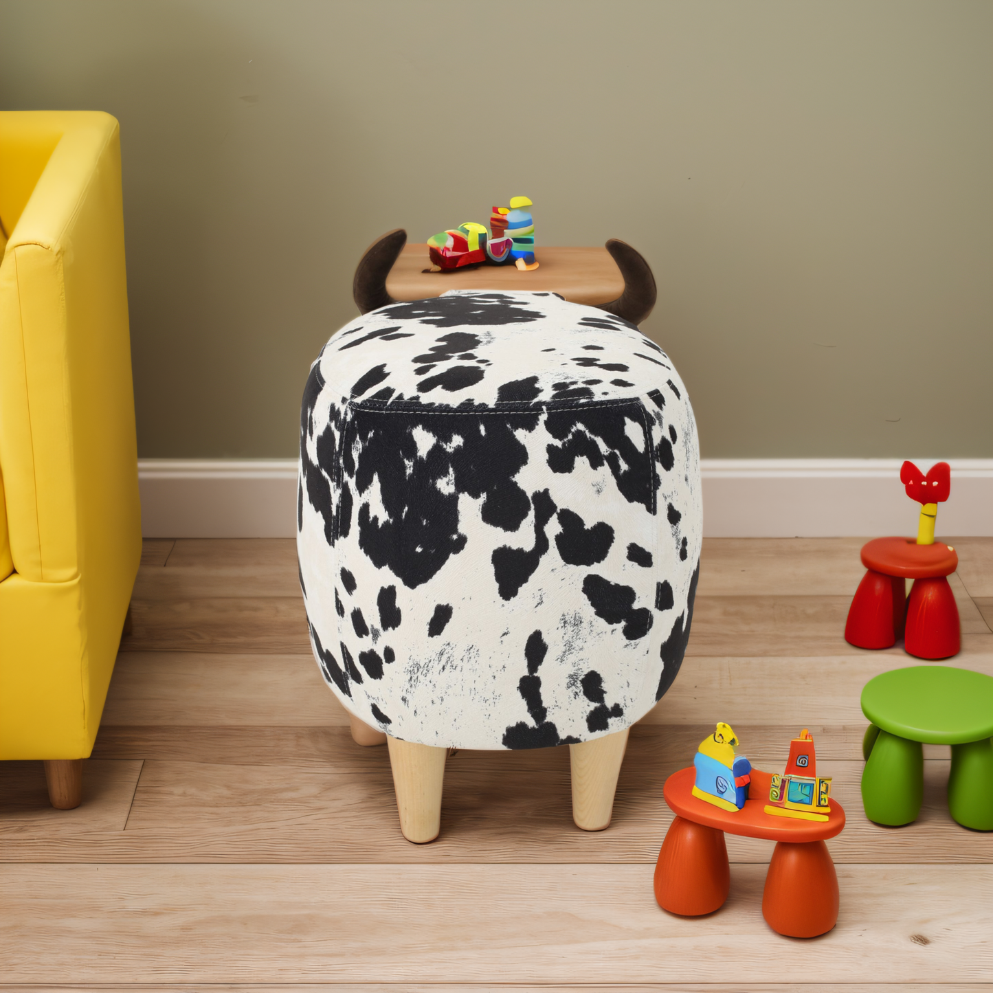 Cow print ottoman with wooden legs and horns