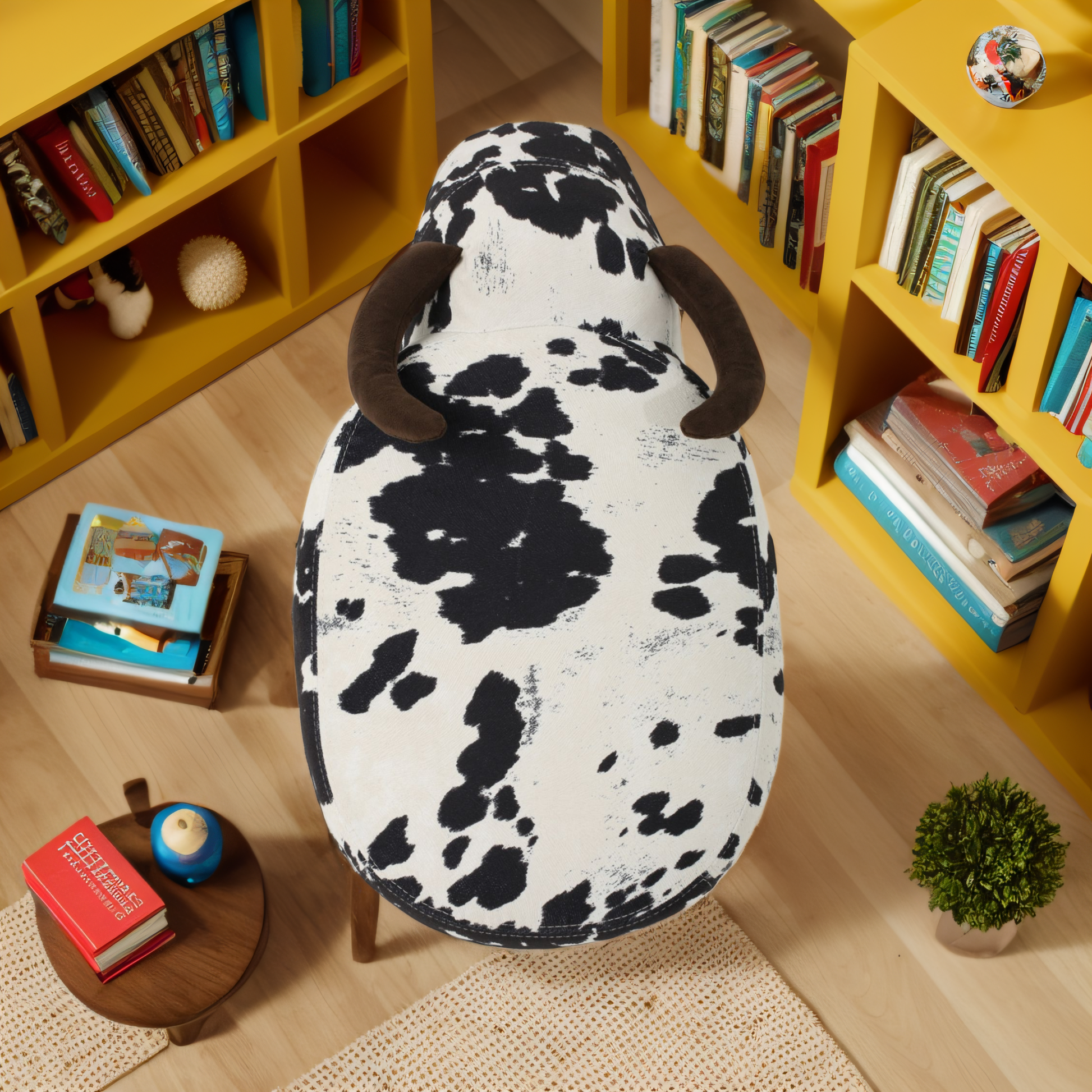 Cow print upholstered stool with brown horn accents for childrens room