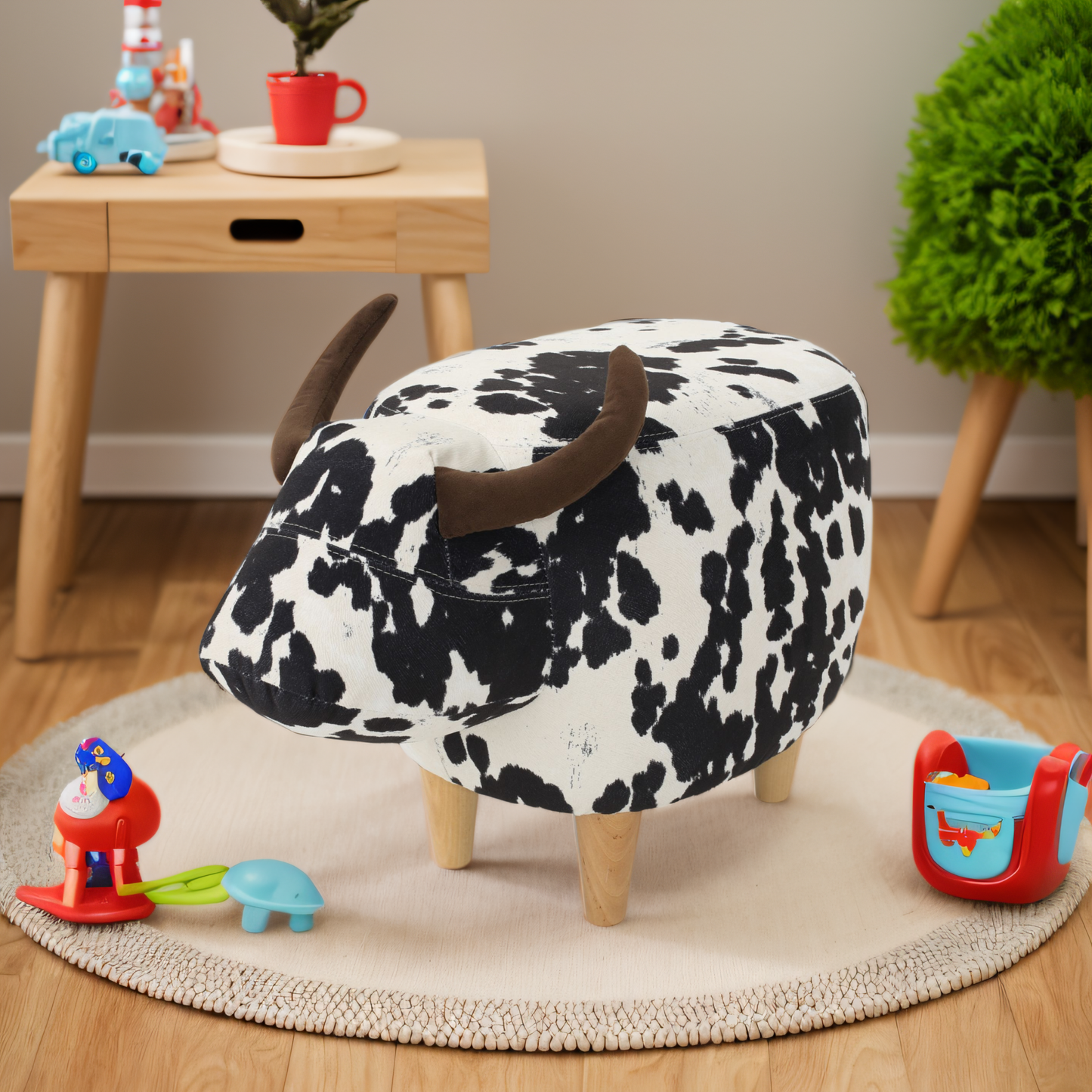 Cow print fabric ottoman with brown horns and wooden legs
