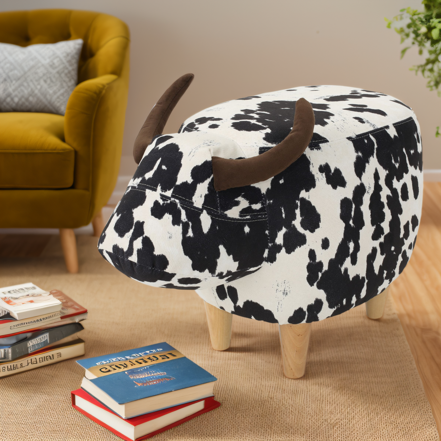 Cow print ottoman with plush horns perfect for a whimsical childs room