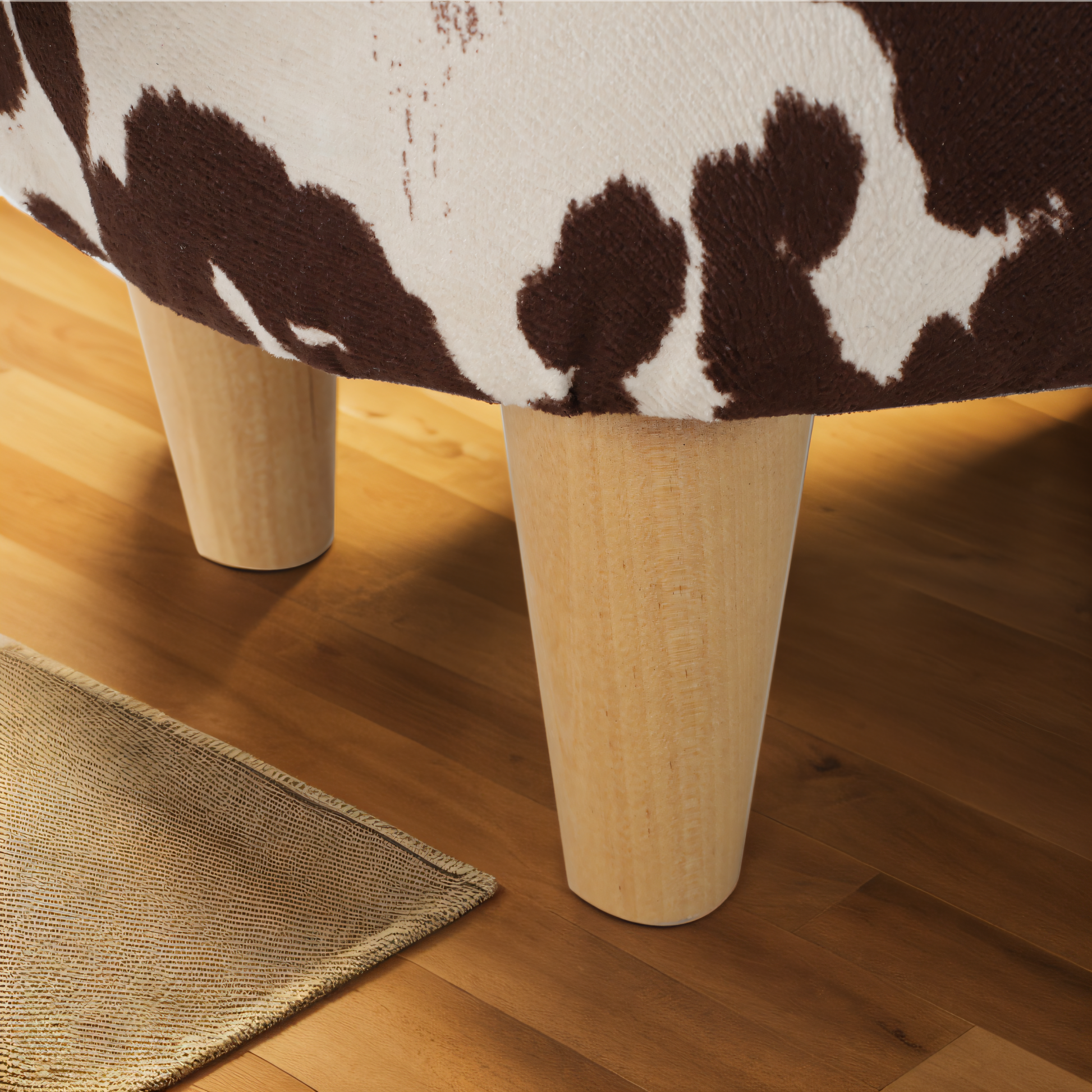 Cow print ottoman with tapered wooden legs on hardwood floor