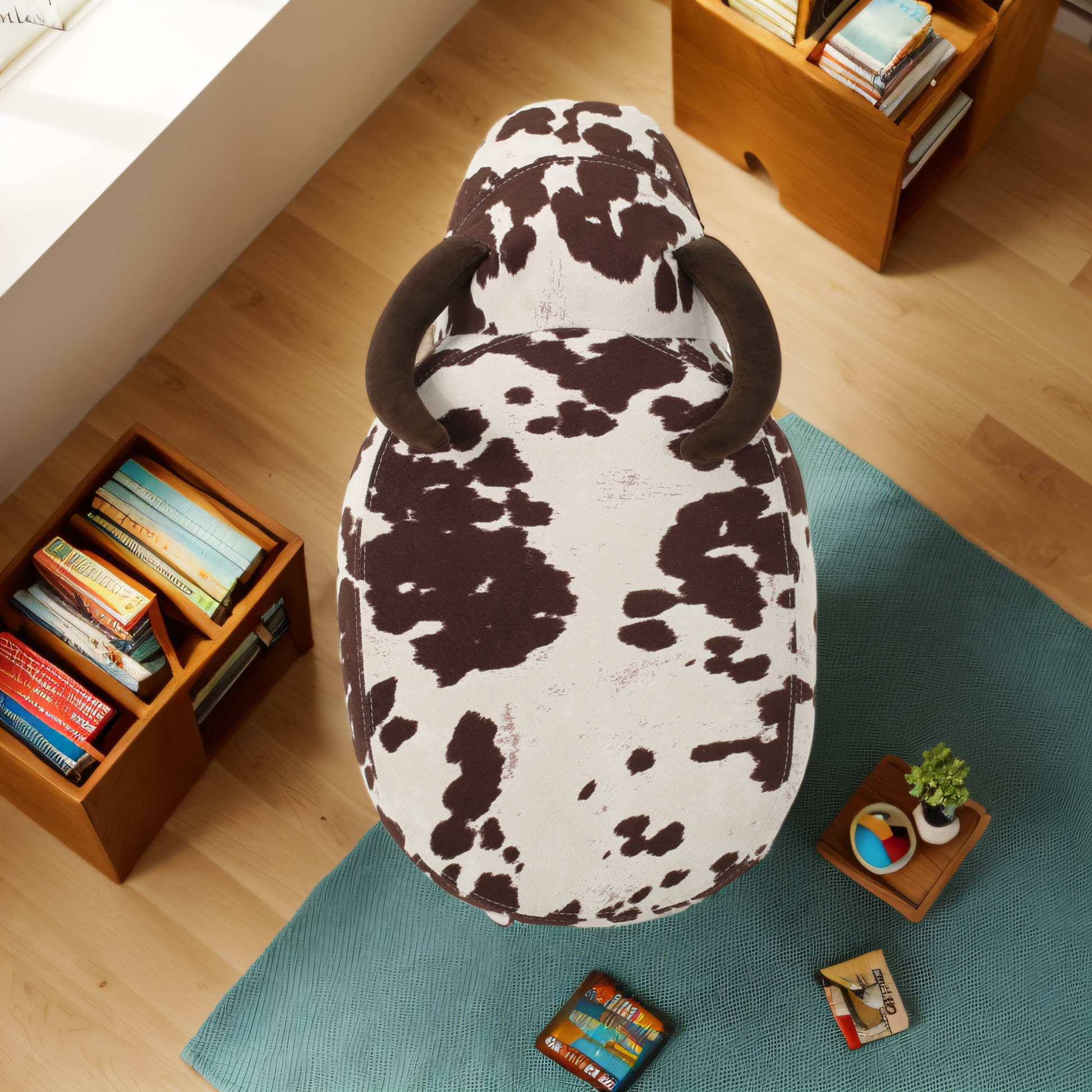Cow print ottoman with plush brown horns for childs playroom