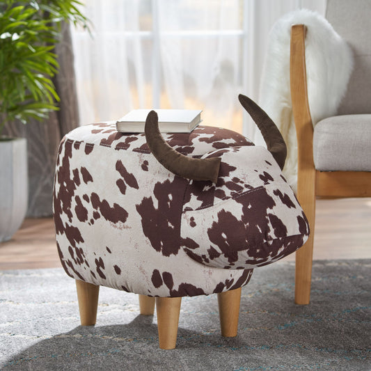 Cow print ottoman with brown horns and wooden legs