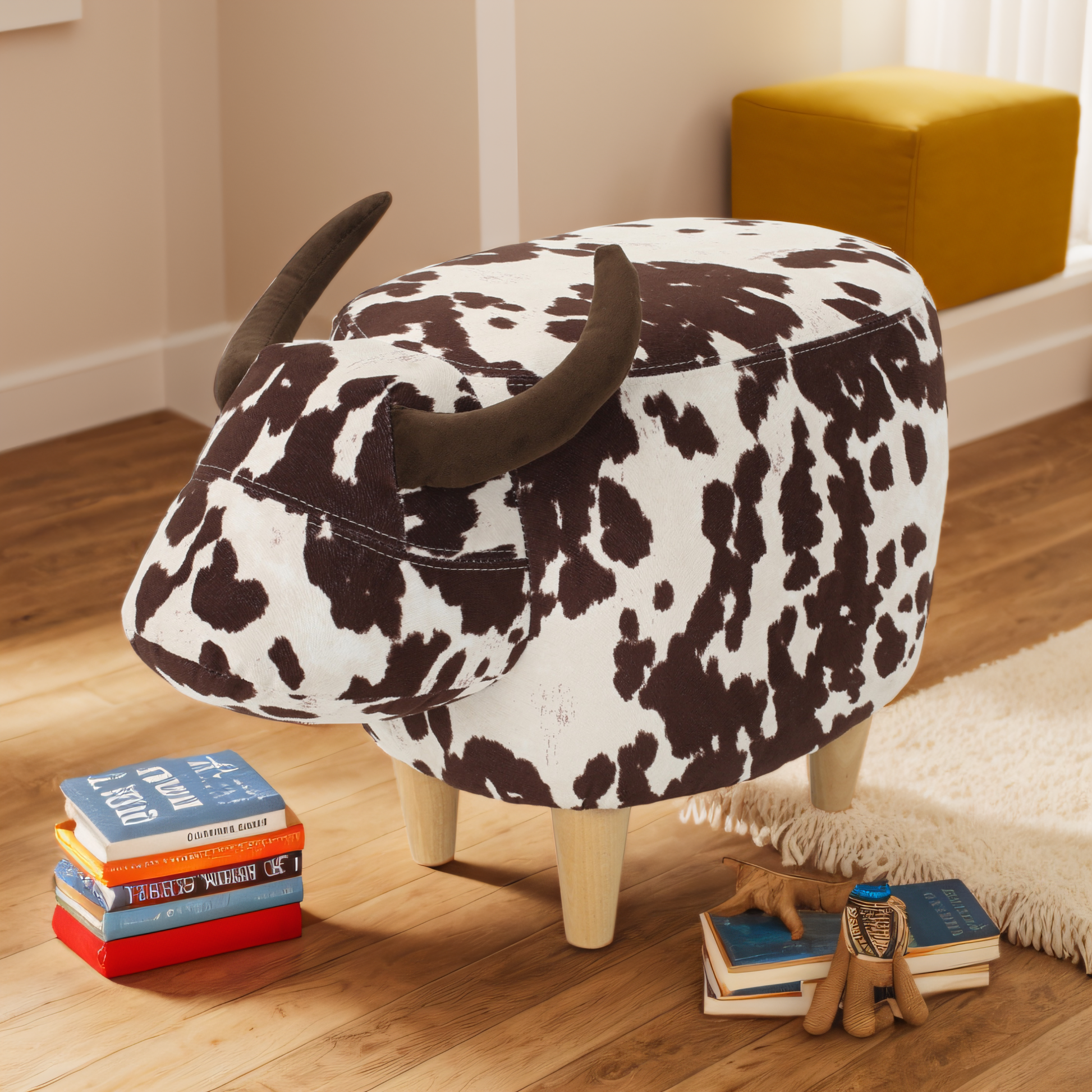 Cow print storage ottoman with brown horns and wooden legs