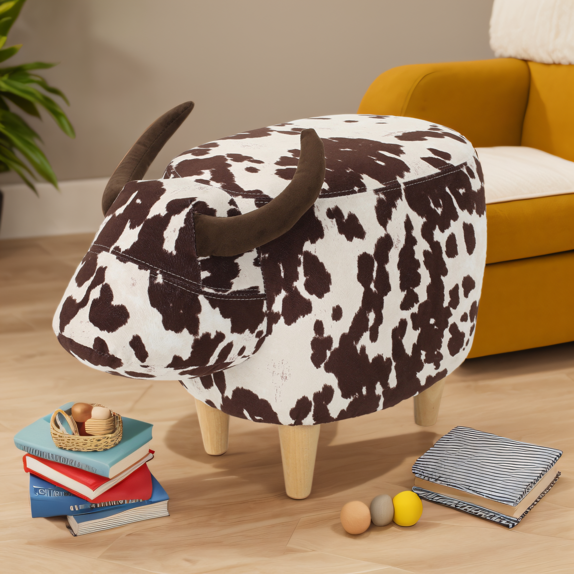 Cow print ottoman with brown horns and wooden legs