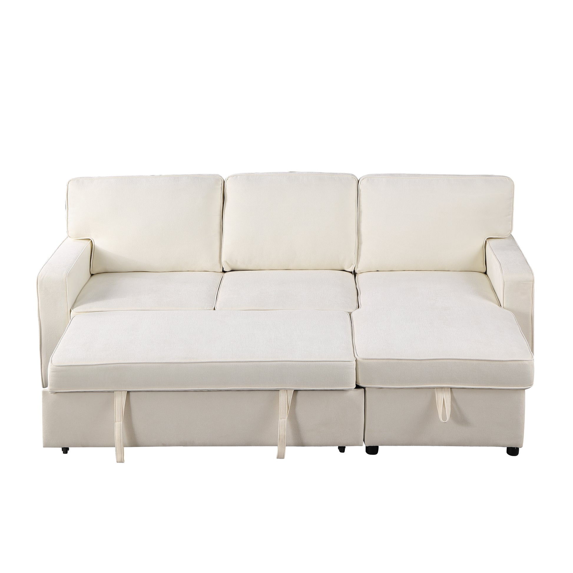 Cream linen sectional sofa with pullout bed feature