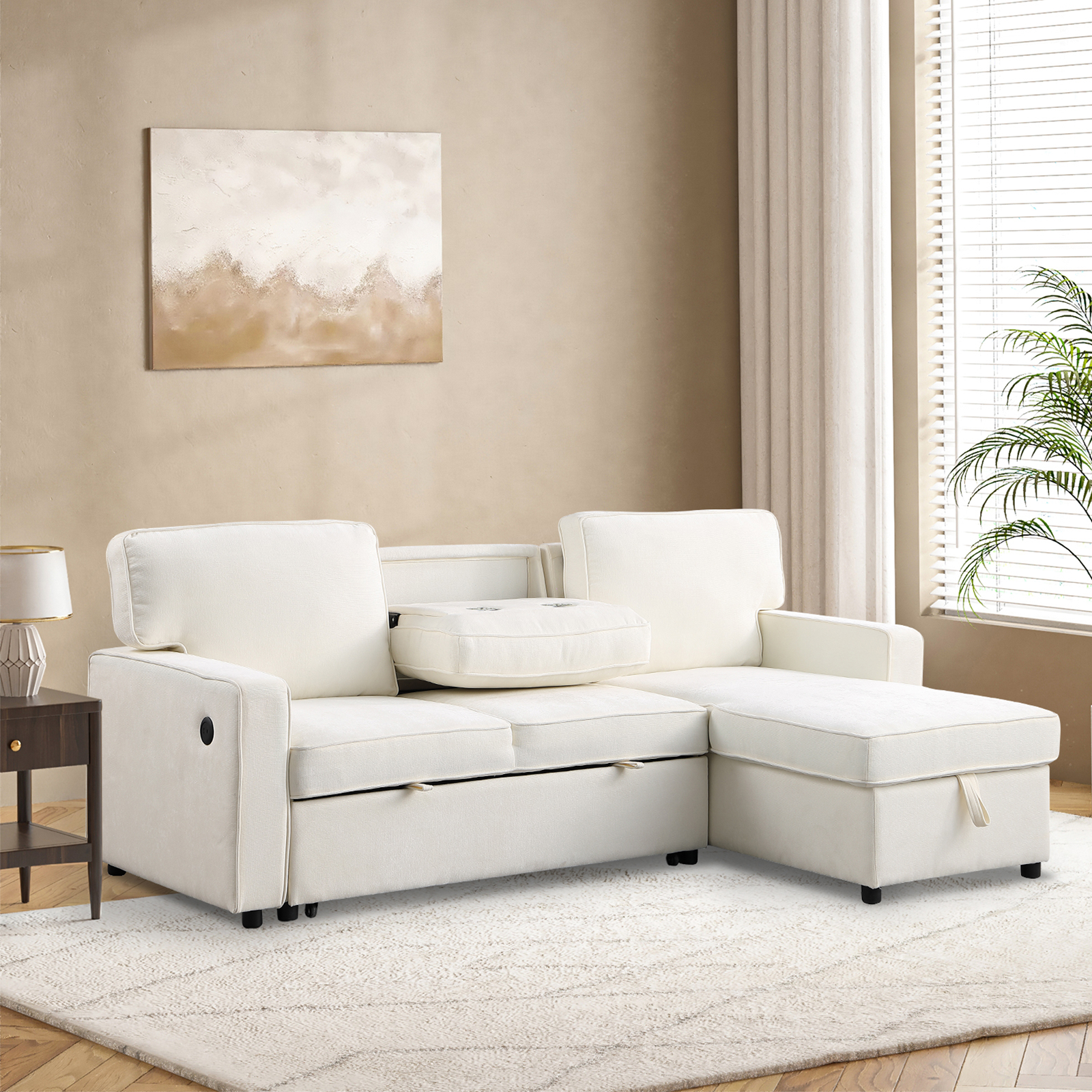 Cream sectional sofa with chaise and storage