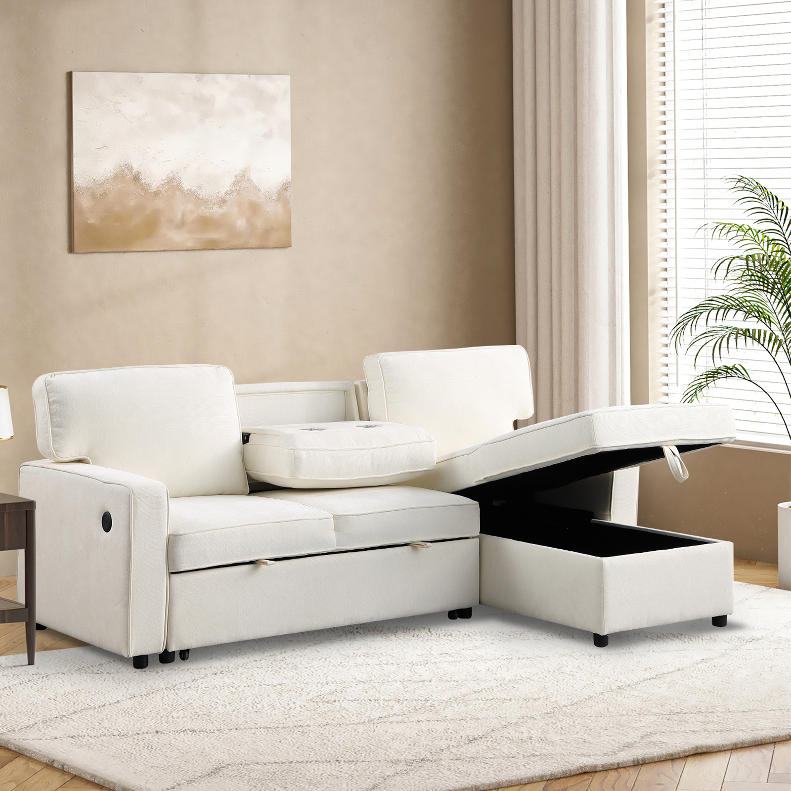 White sectional sofa with storage chaise open