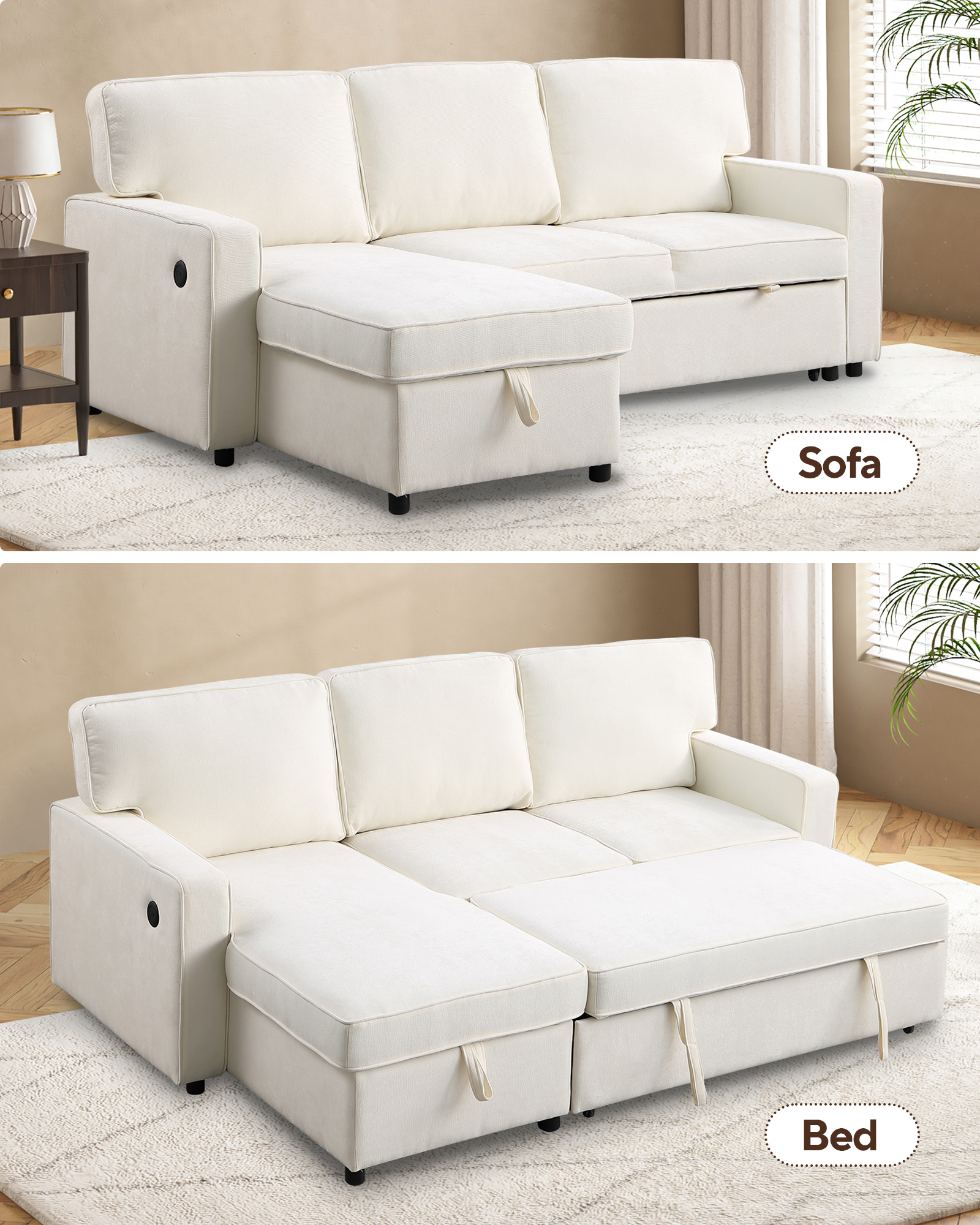 Cream linen convertible sofa with storage ottoman