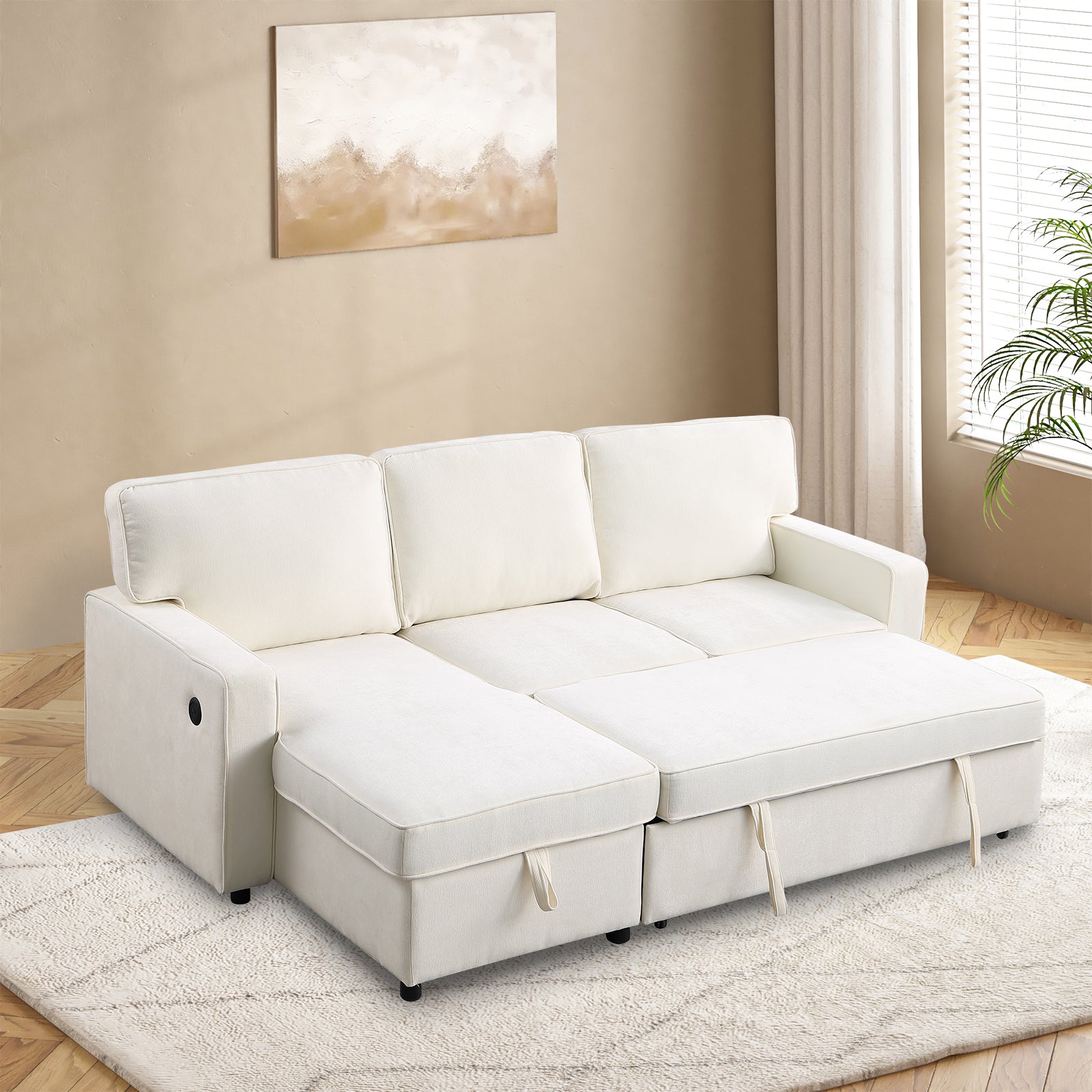 White sectional sofa bed with hidden storage