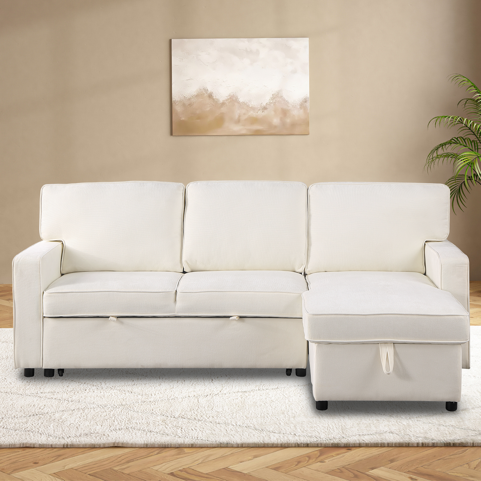 Cream sectional sleeper sofa with storage chaise
