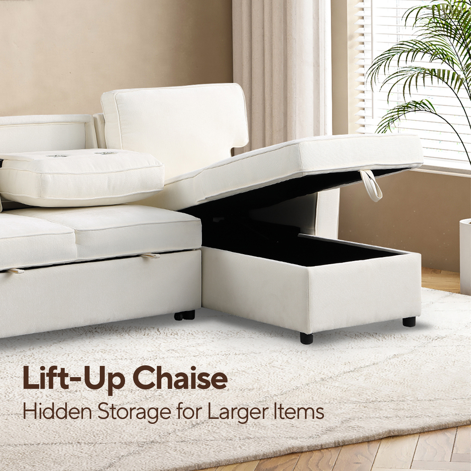 White sectional sofa with liftup chaise storage