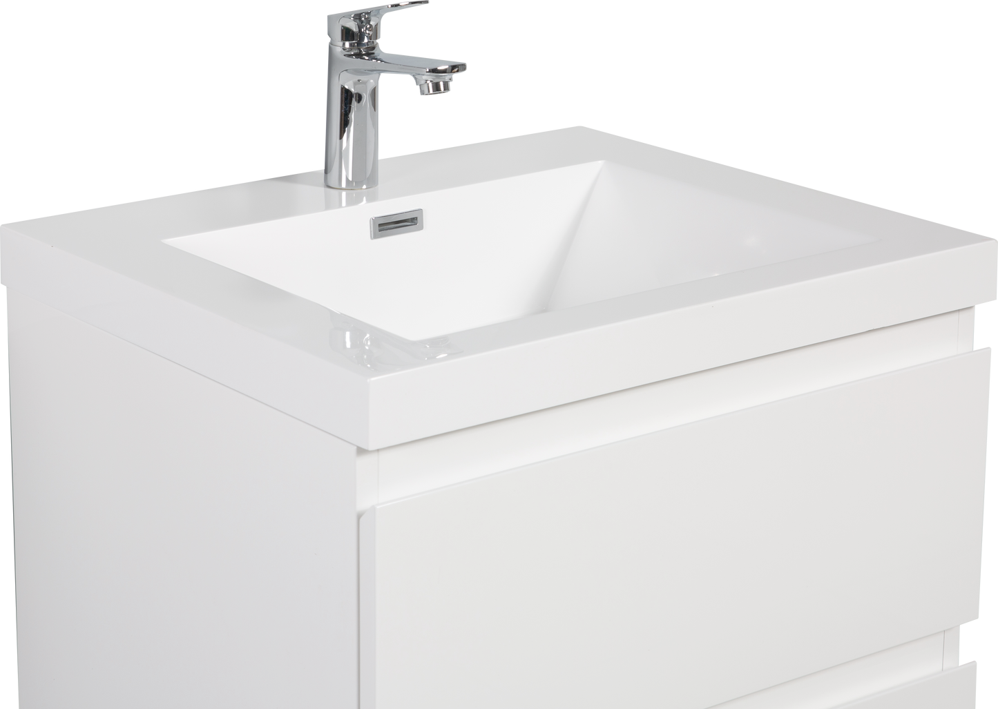 Modern white bathroom vanity with integrated sink and chrome faucet