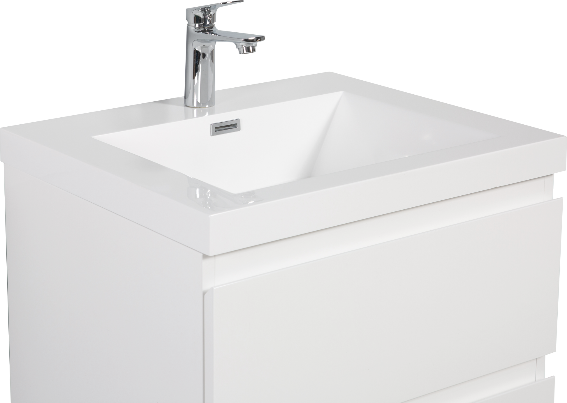 Modern white bathroom vanity with integrated sink and chrome faucet