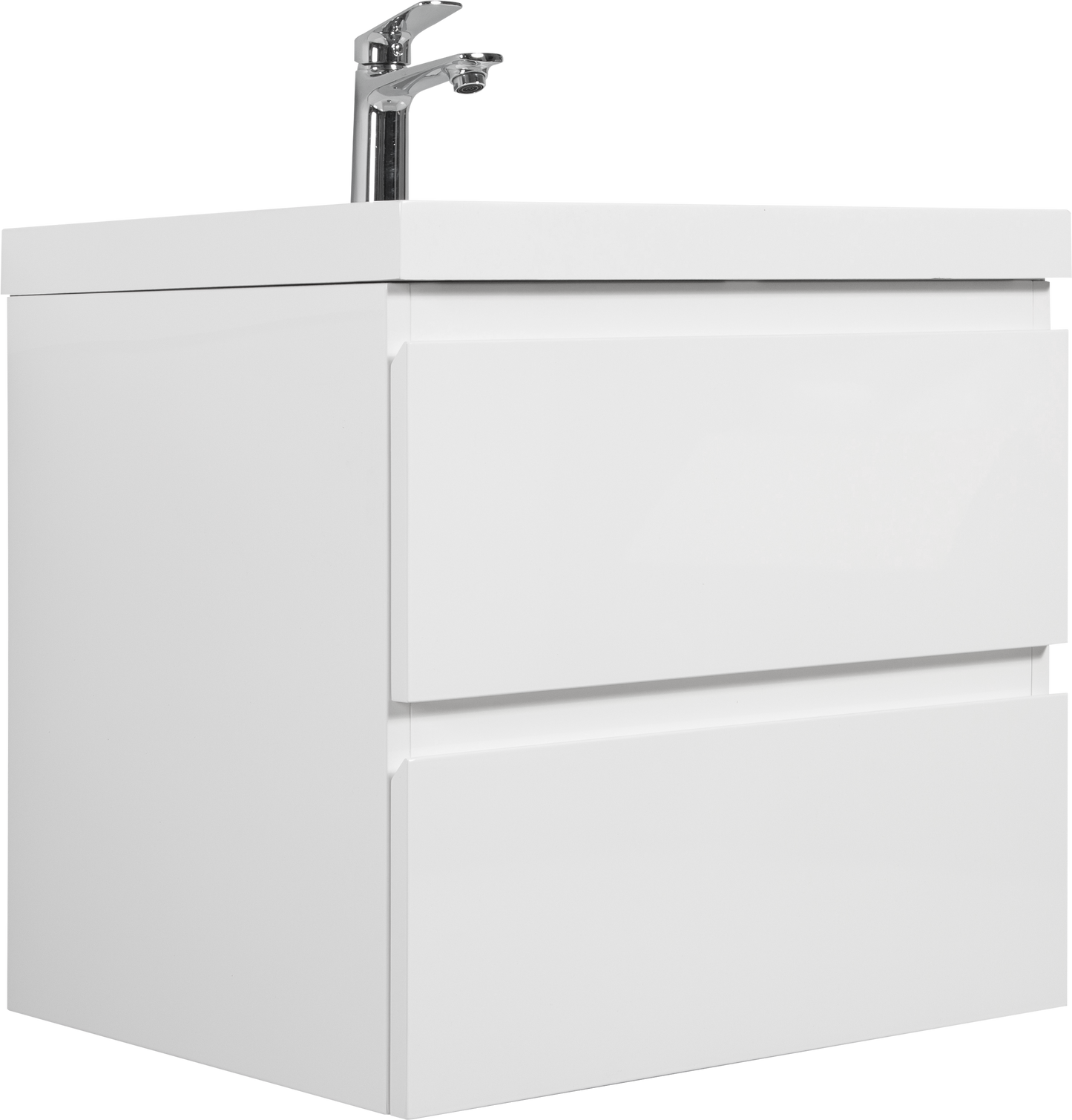 Modern white wallmounted bathroom vanity with sleek double drawers and chrome faucet