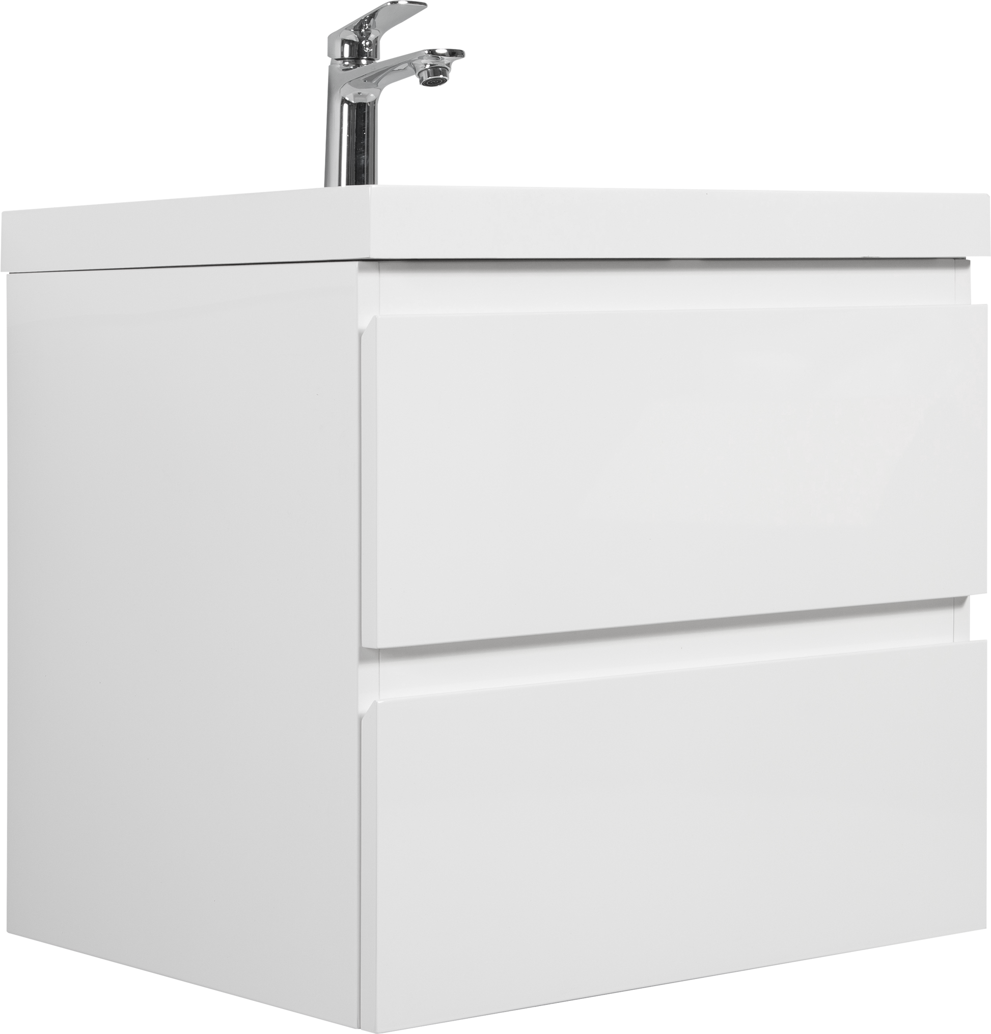 Modern white wallmounted bathroom vanity with sleek double drawers and chrome faucet