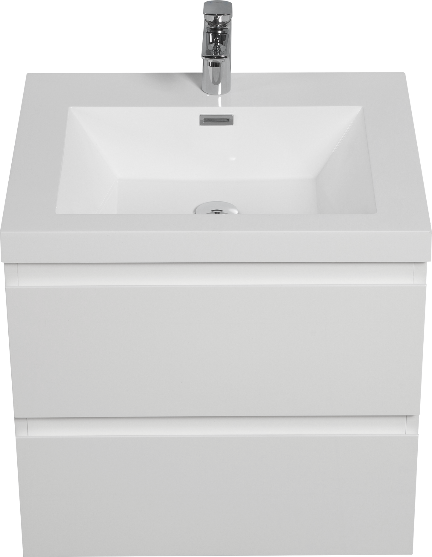 Modern white wallmounted vanity with integrated sink and chrome faucet