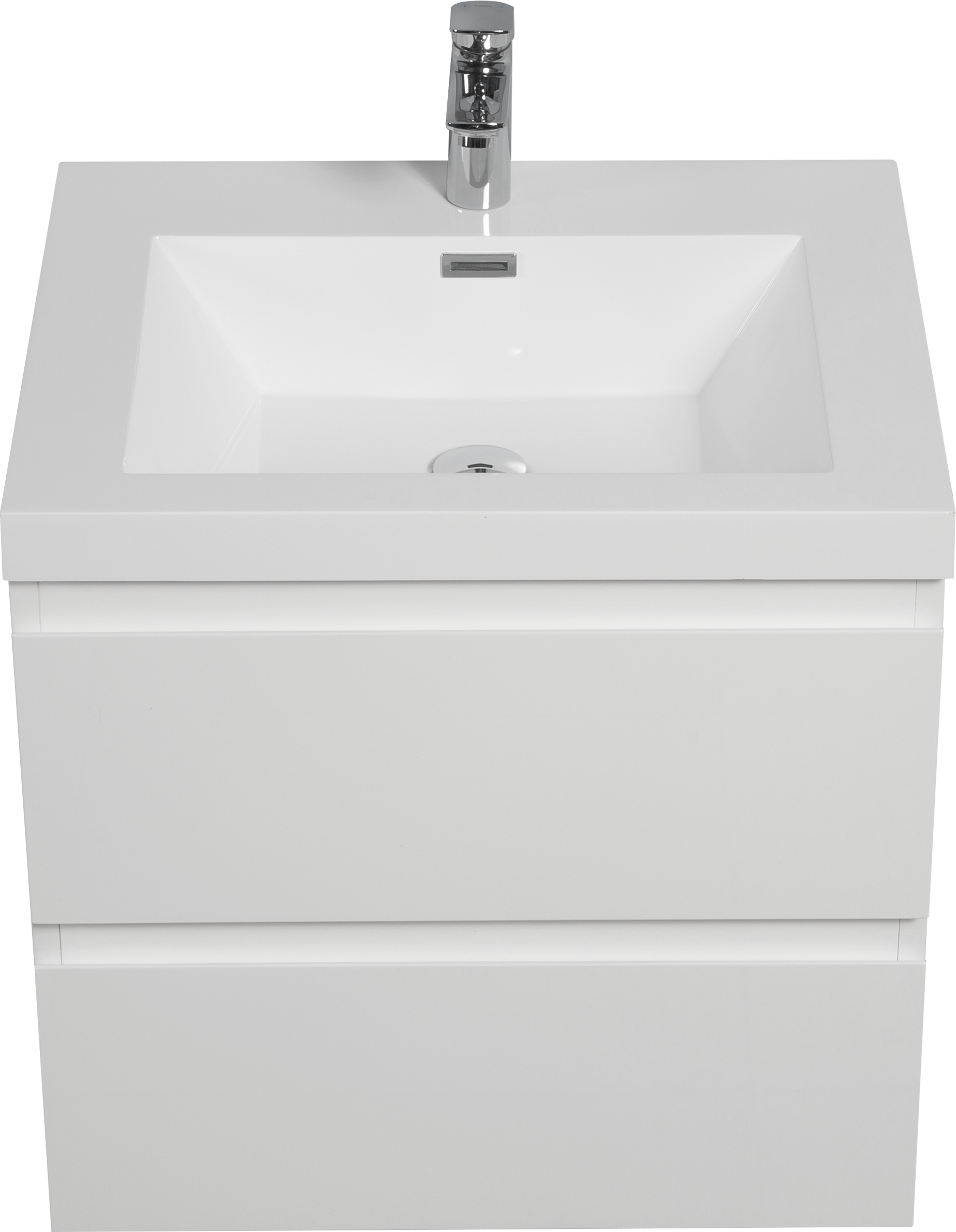 Modern white wallmounted vanity with integrated sink and chrome faucet