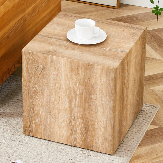 Natural wood grain cube end table with white coffee cup