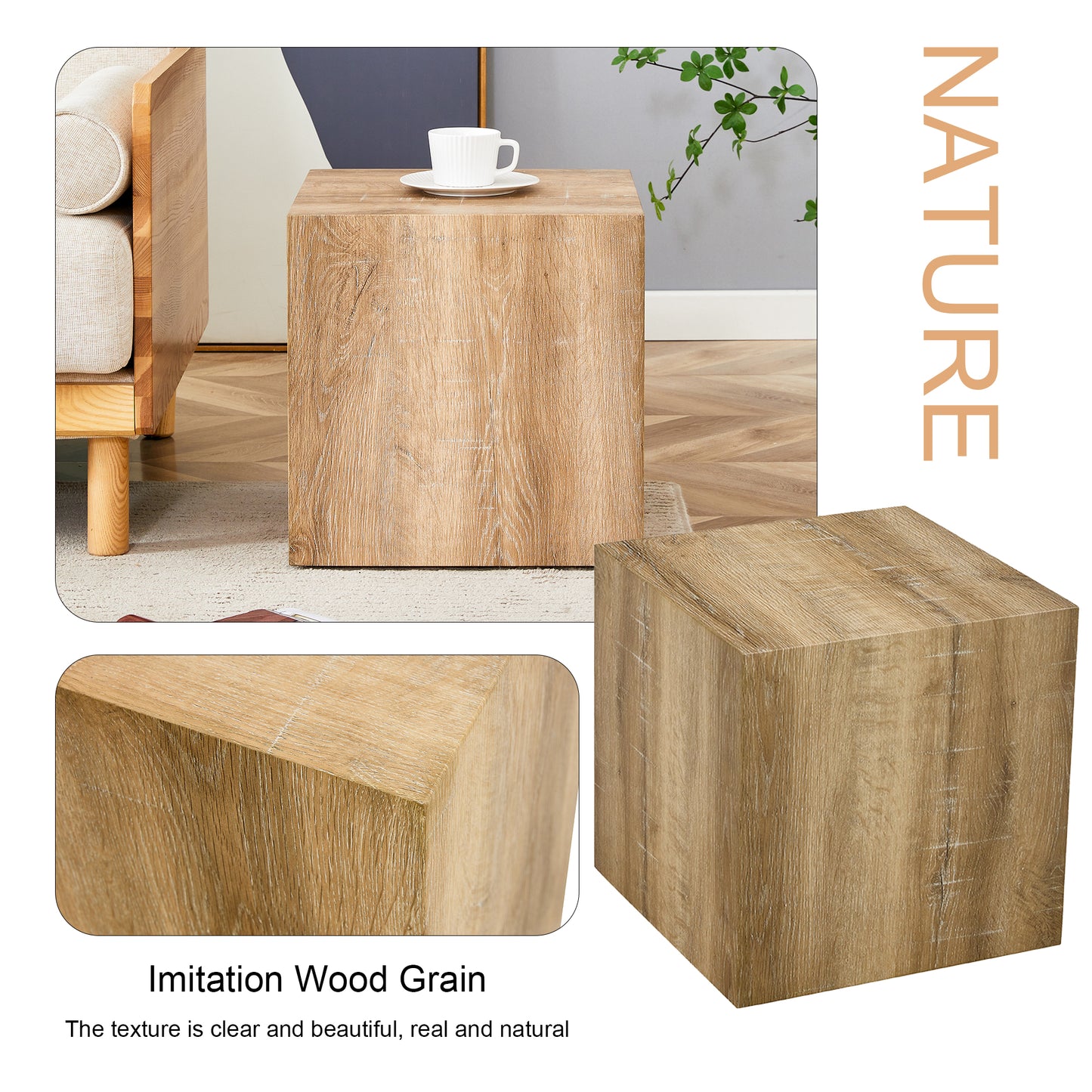 Modern cube side table with realistic oak veneer and clean lines