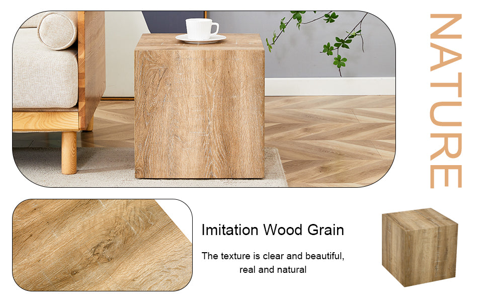 Natural wood grain imitation cube side table next to beige sofa