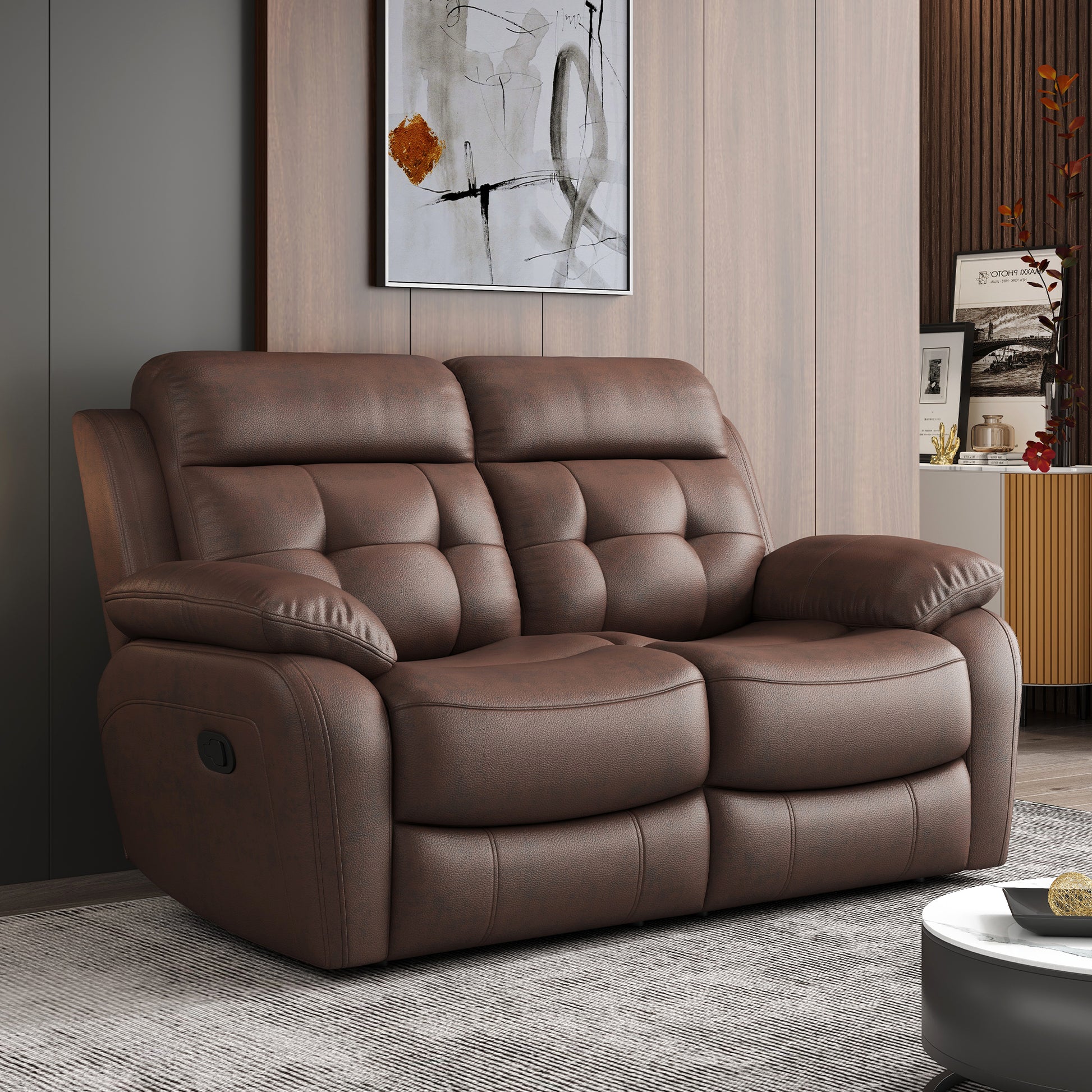 Brown leather seater recliner sofa with tufted cushions and plush arms