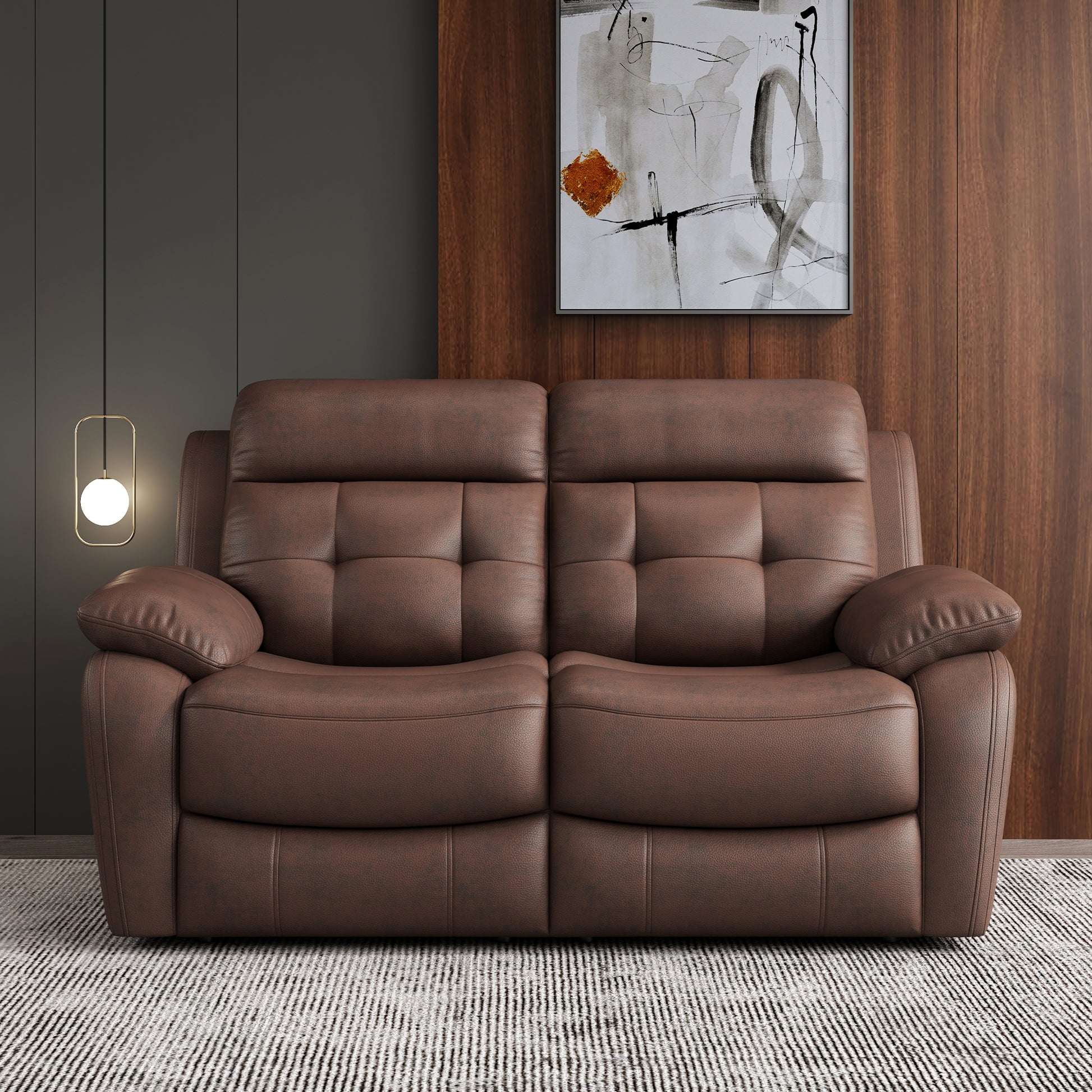 Brown leather recliner sofa with tufted cushions and padded arms