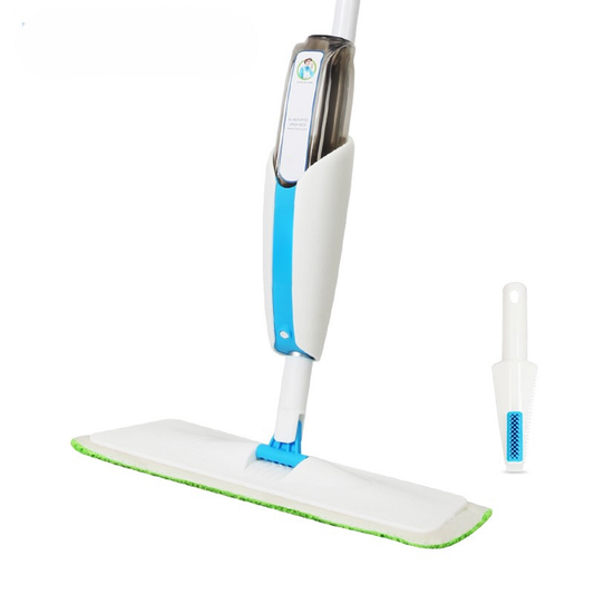 White spray mop with blue accents and a refillable water tank