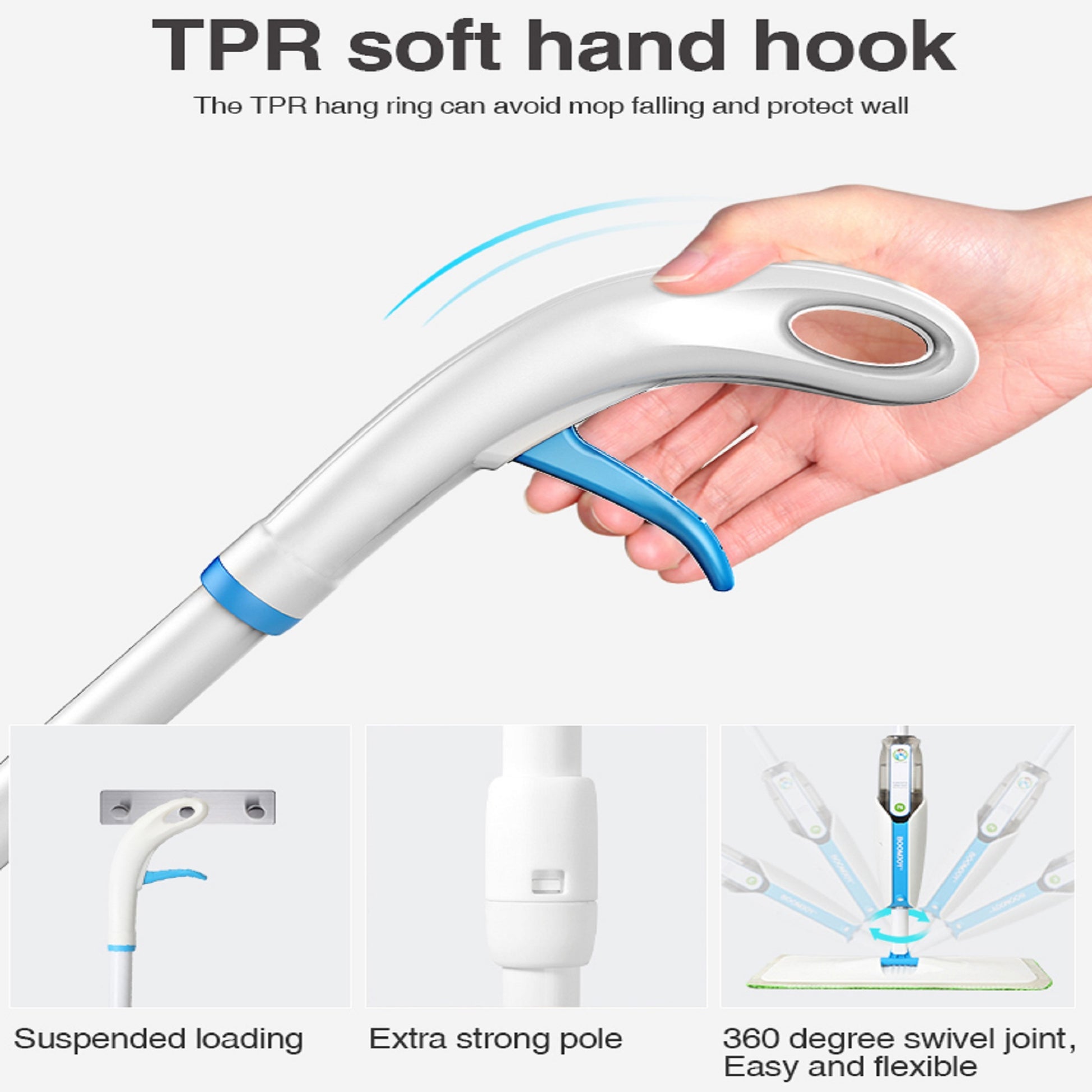 White mop handle with blue trigger and TPR soft hand hook