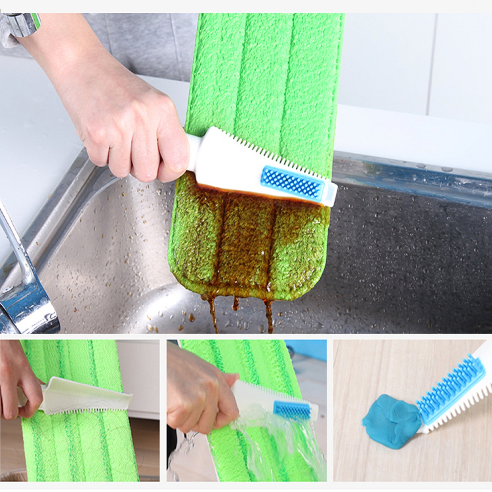 Green microfiber mop head with integrated cleaning brush and cleaning solution