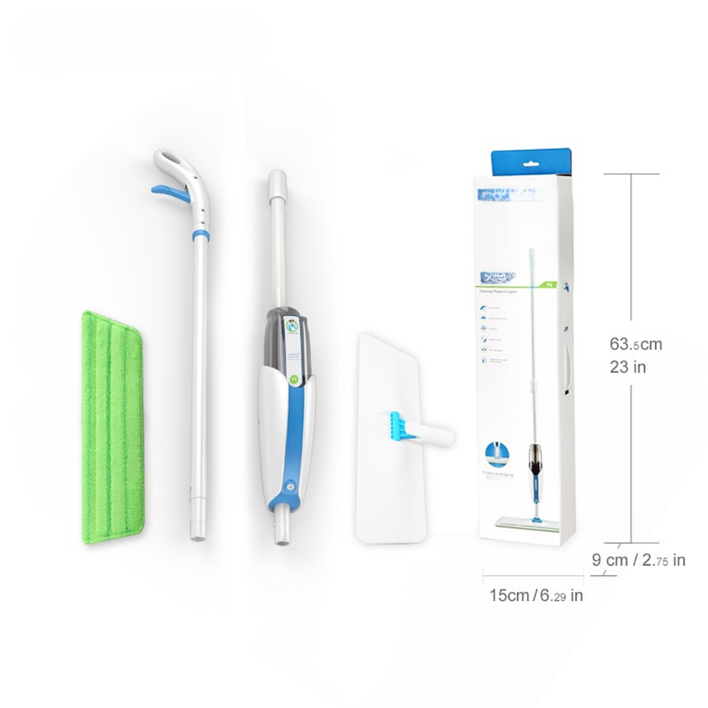 White and blue spray mop with green microfiber pad
