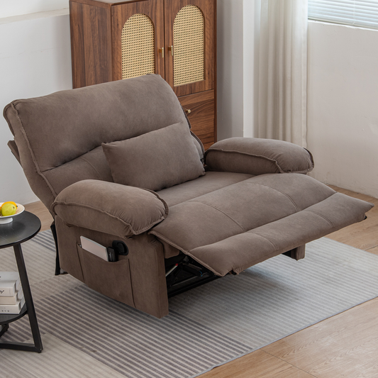 Plush brown fabric recliner chair with extended footrest perfect for home relaxation