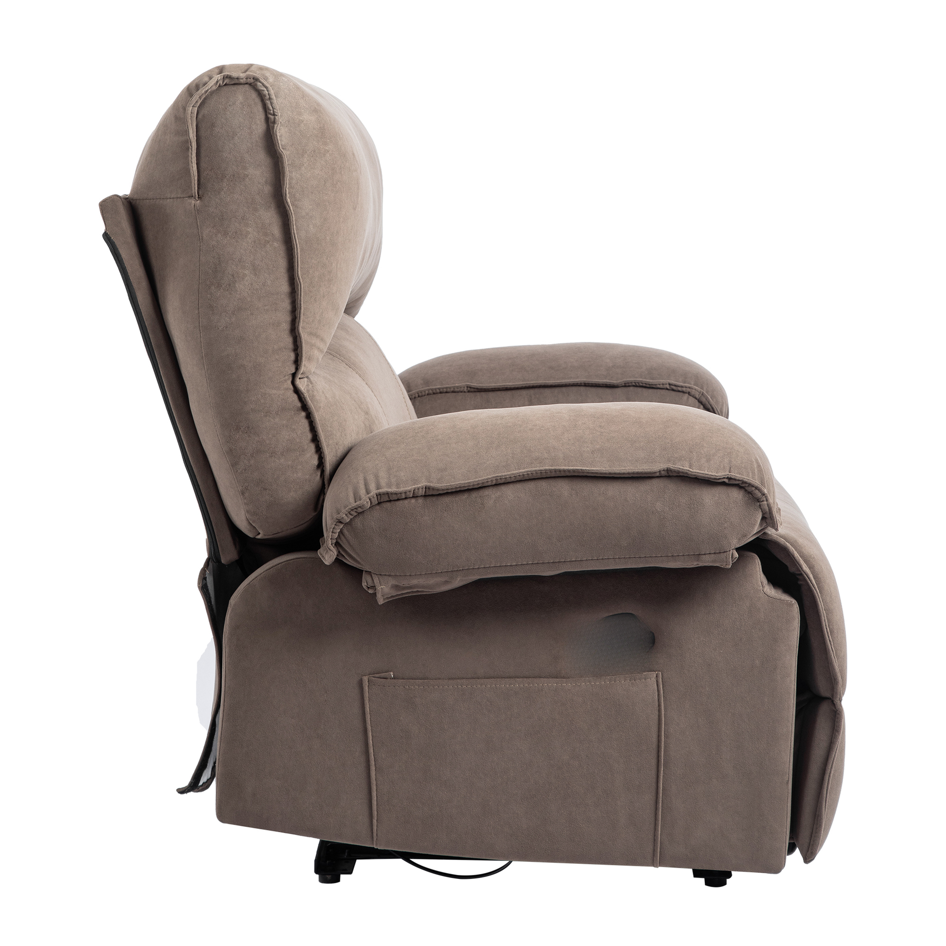 Brown suede recliner chair with padded armrests and headrest
