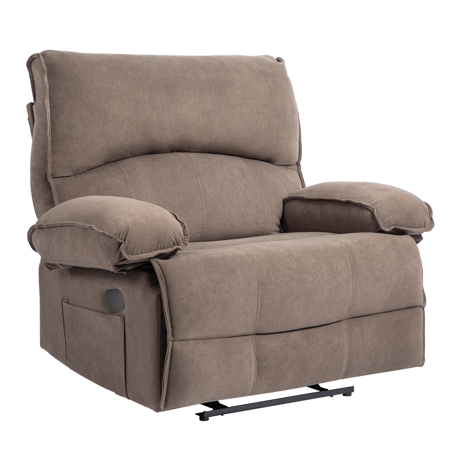 Comfortable taupe fabric recliner chair with plush padded armrests and lumbar support