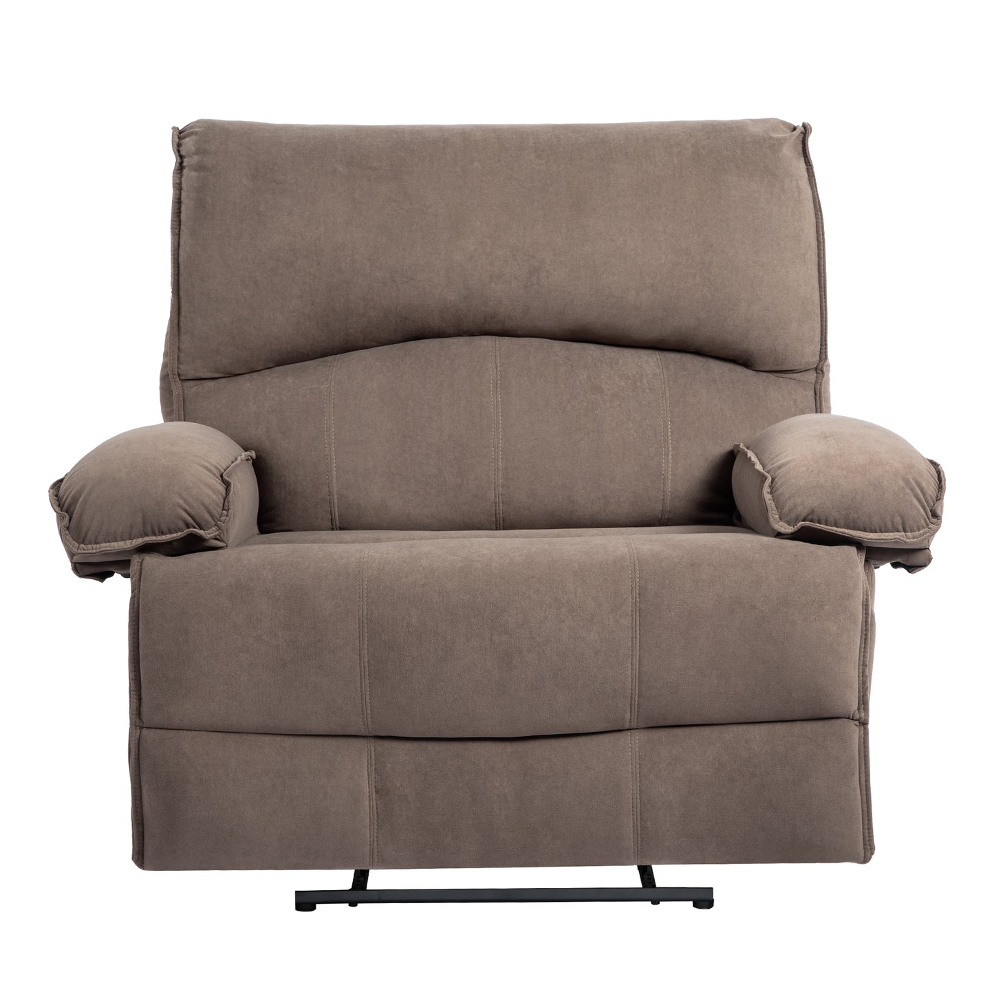 Plush taupe fabric recliner chair with padded arms and supportive backrest