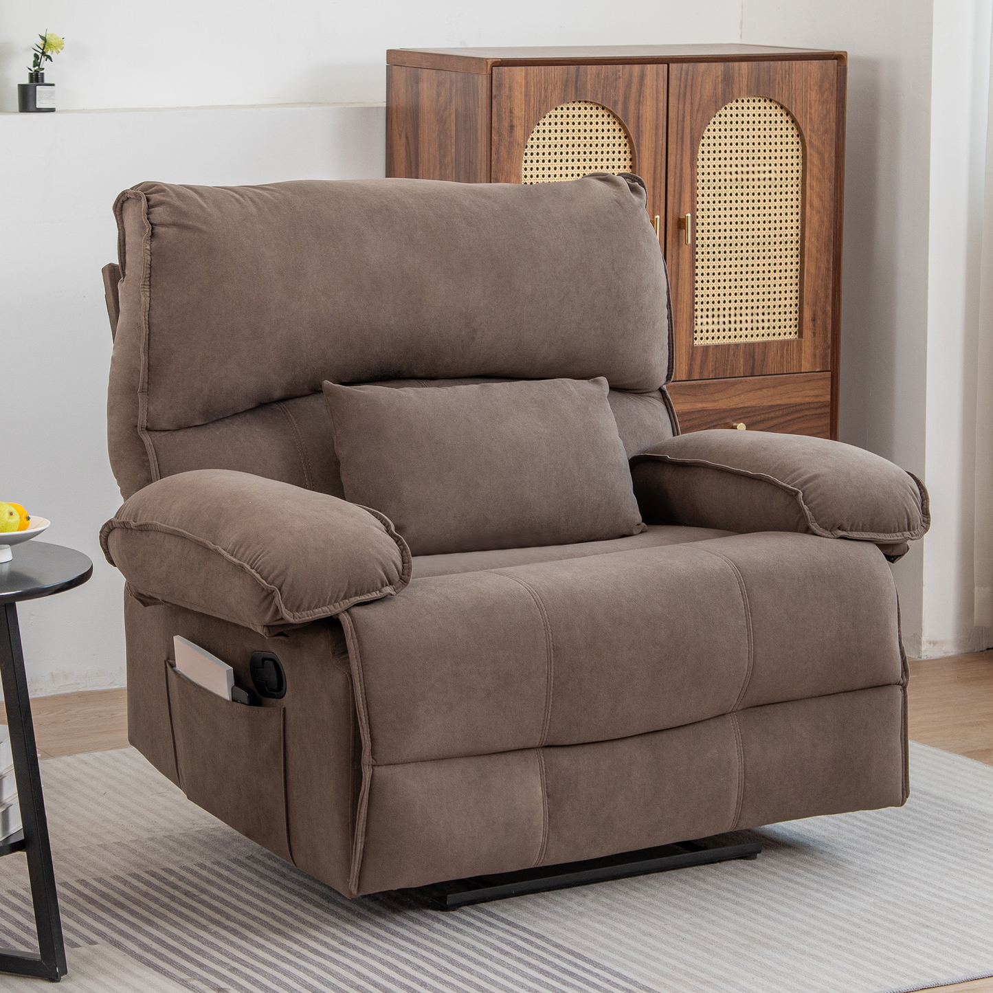 Plush brown recliner chair with side storage pocket and matching pillow