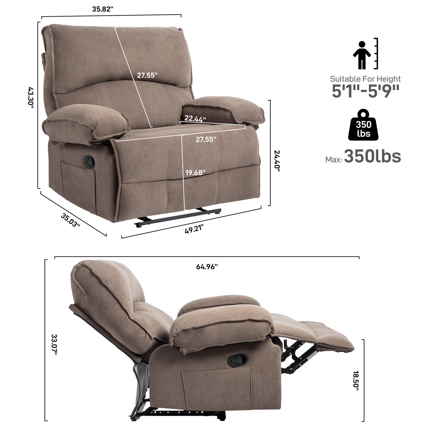 Taupe fabric recliner chair dimensions W x D x H inches