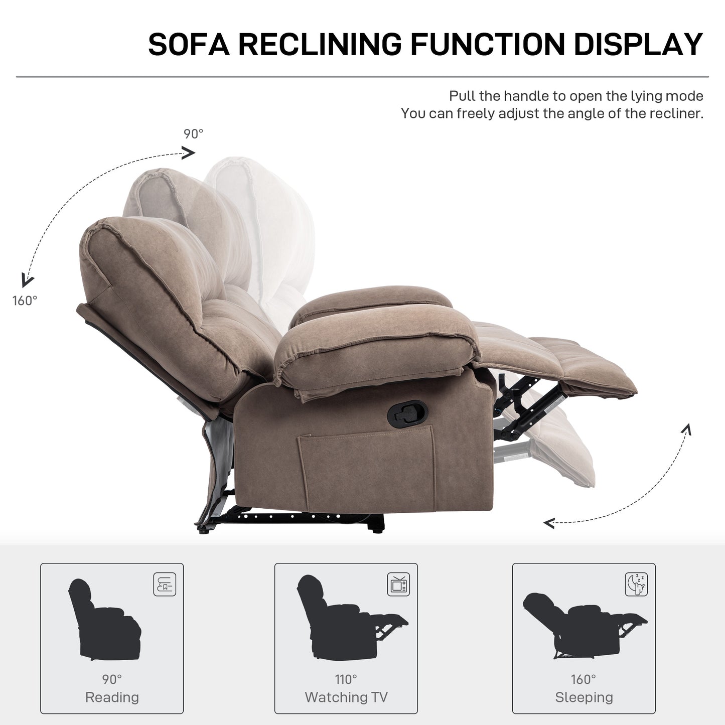 Brown fabric recliner chair in  reading position