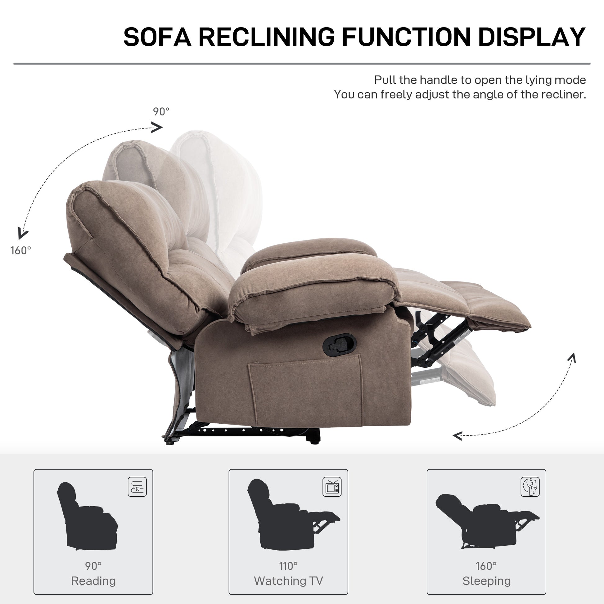 Brown fabric recliner chair in  reading position