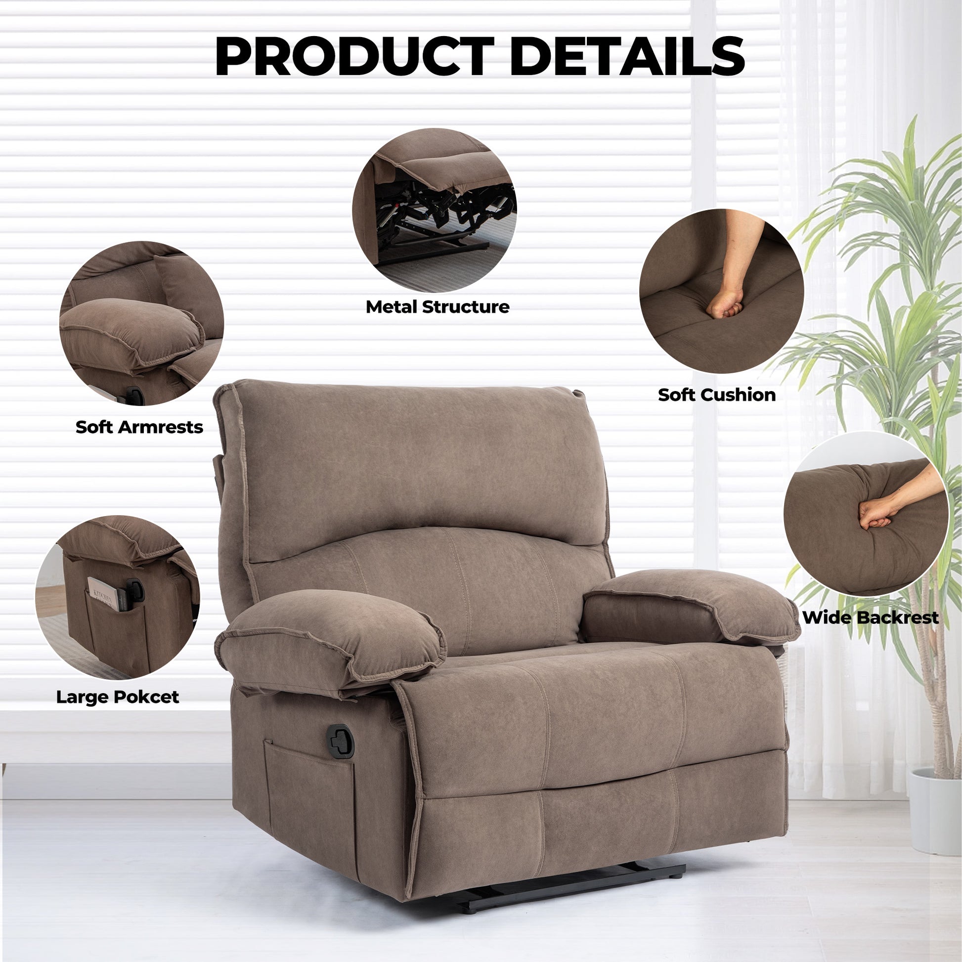 Brown recliner chair with plush cushioning and a sturdy metal structure for ultimate comfort and durability