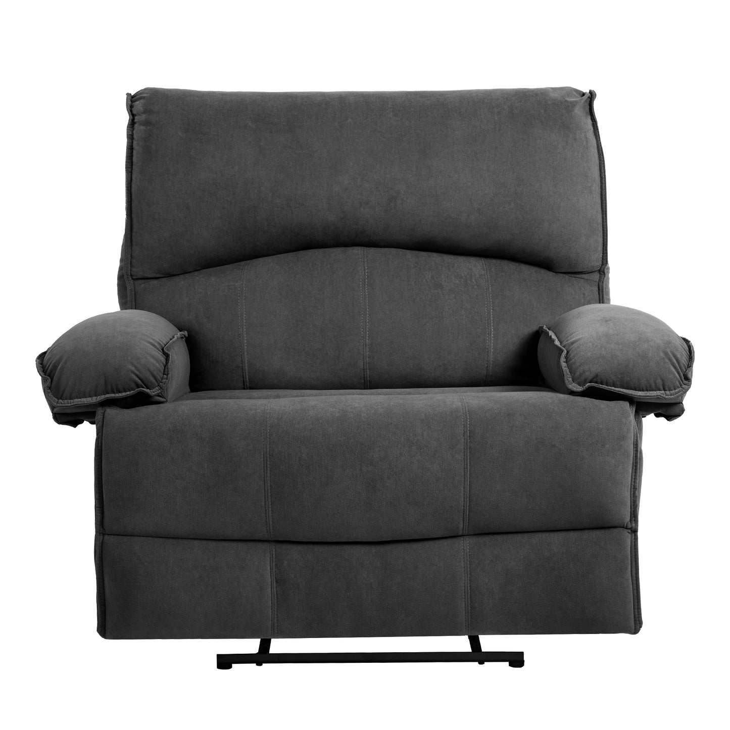 Comfortable grey fabric recliner chair with plush cushions and adjustable footrest