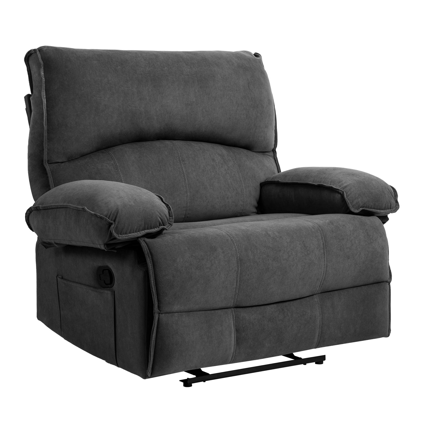 Dark gray fabric recliner armchair with plush cushioning and metal base