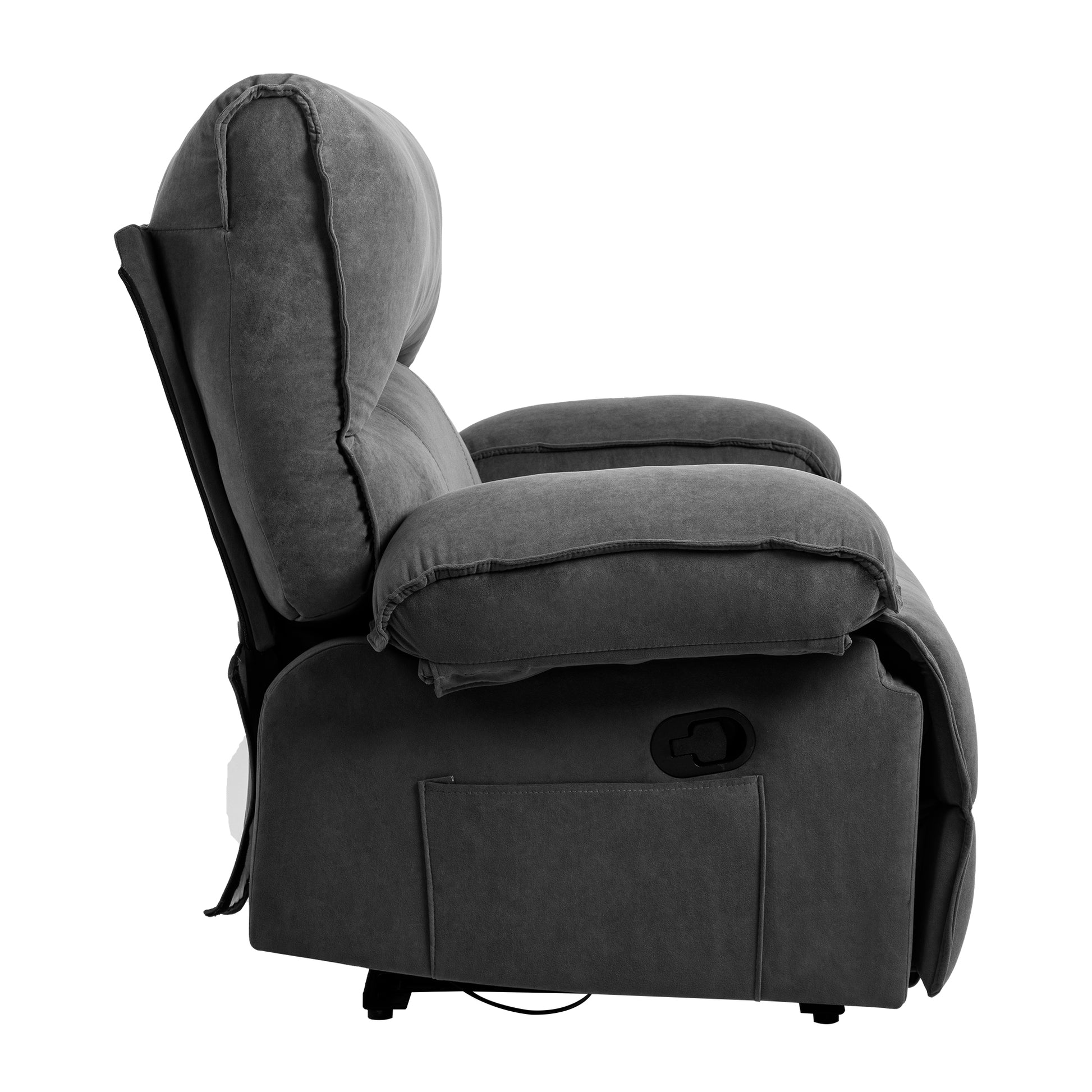 Gray fabric recliner chair with plush cushioning and side pocket