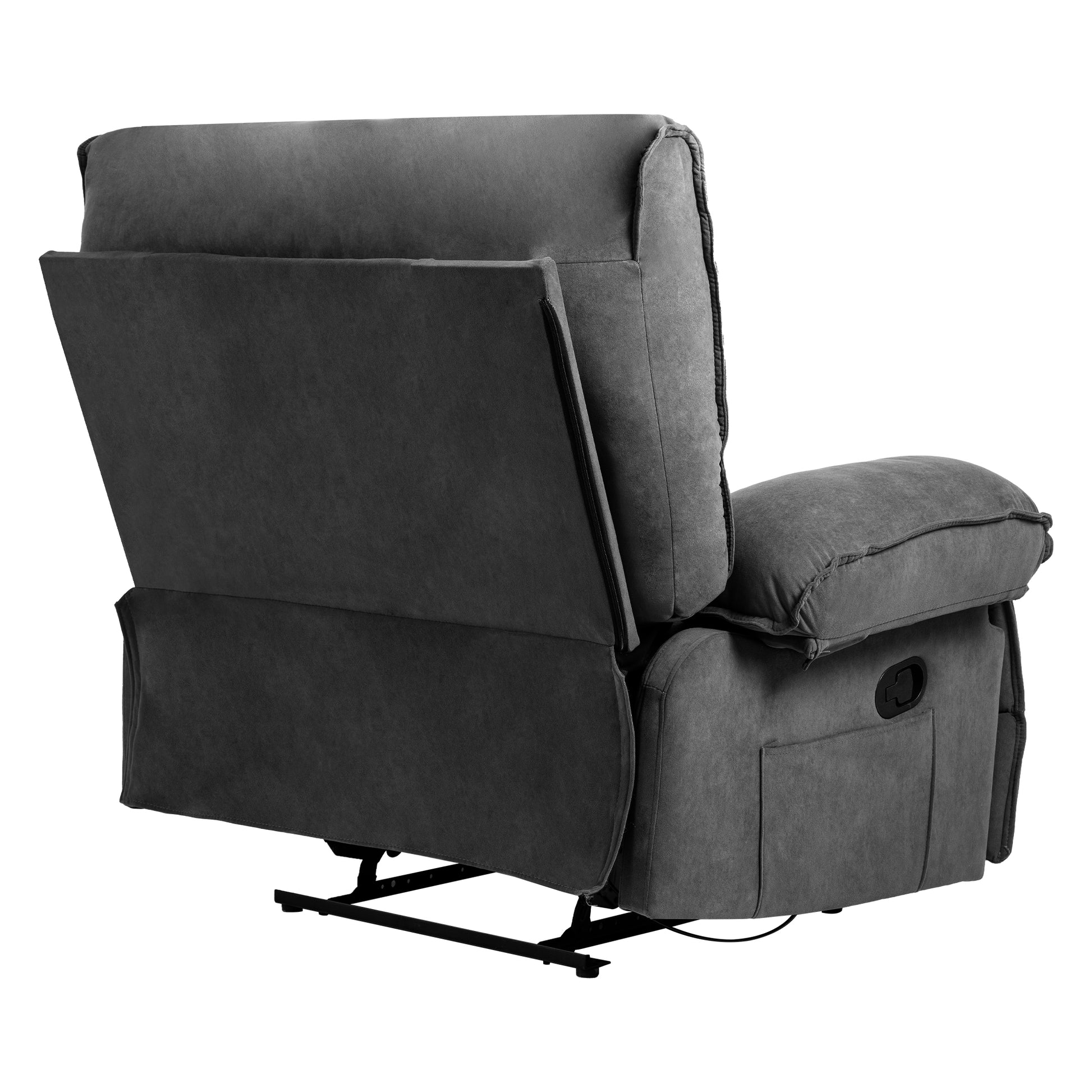 Dark grey fabric recliner chair with visible metal base and reclining lever