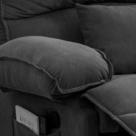 Plush gray reclining sofa armrest with builtin storage pocket